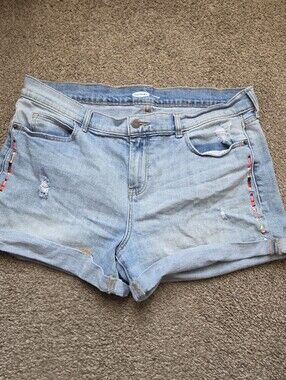 Light Blue Denim Shorts with Colorful Bead Trim